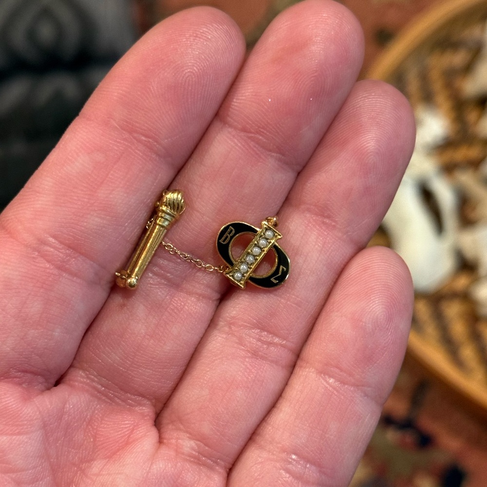 **SOLD** Stylish Beta Sigma Phi vintage gold tone pin with pearl accents